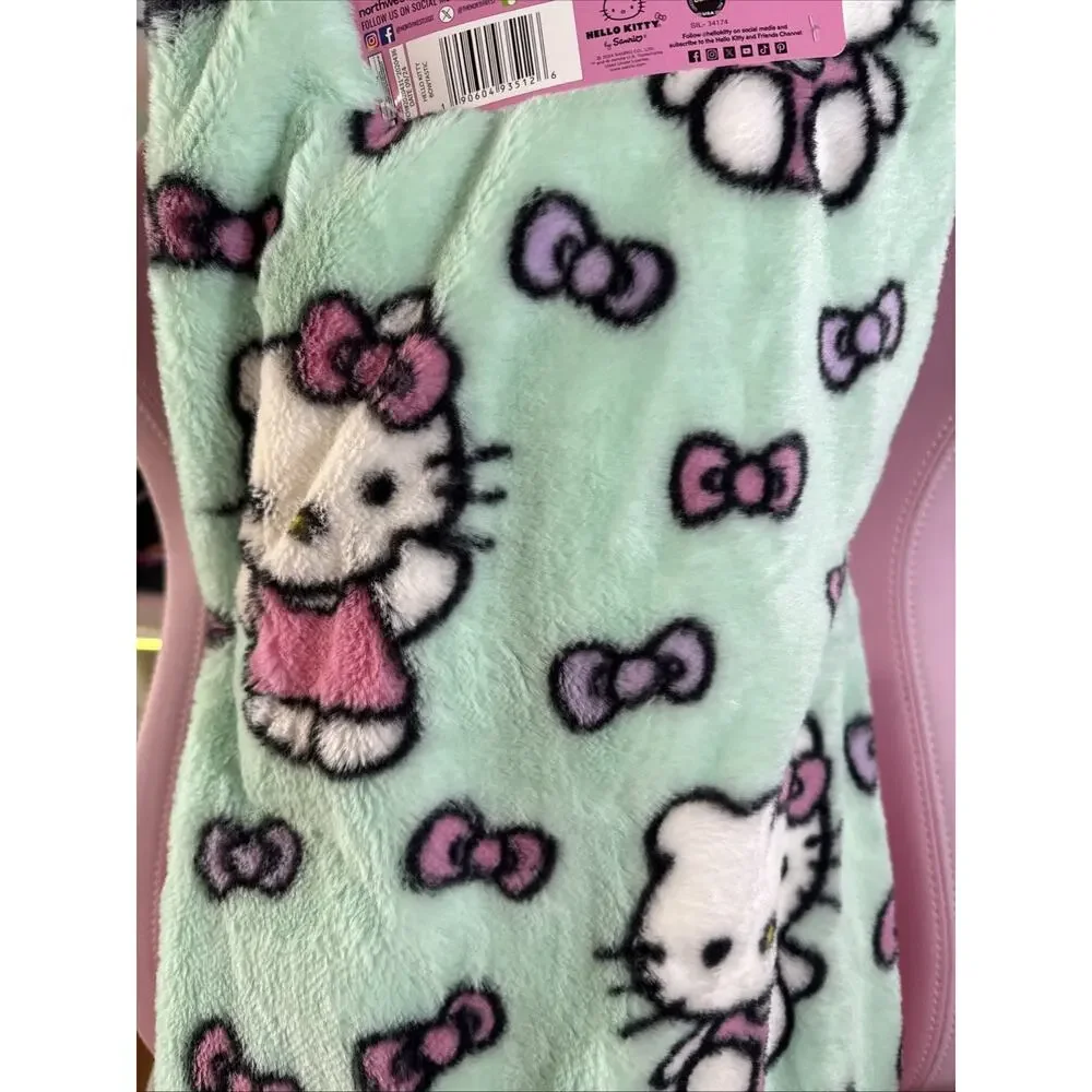 Hello Kitty Throw Blanket Ultra Fine Faux Green Fur Bowtastic Pink 2024 Sanrio